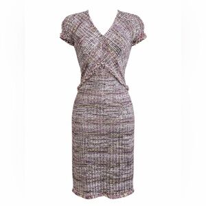 St. John Anna Boucle Tweed Knit Sheath Dress Sz 4 with Fringe Detail Cap Sleeve